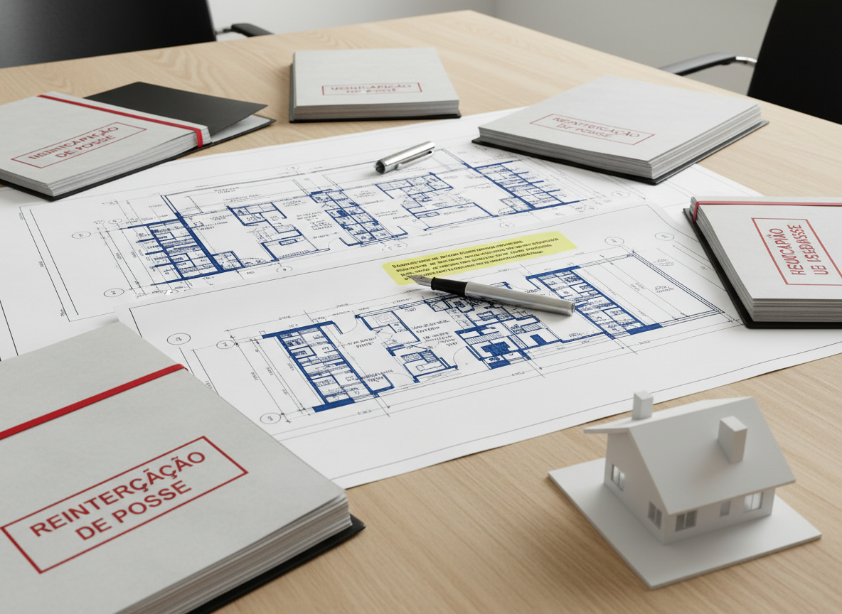 A detailed architectural blueprint of an urban apartment building spread across a smooth, light oak conference table, surrounded by neatly arranged legal documents stamped with the words “Usucapião” and “Reintegração de Posse.” A sleek silver fountain pen lies diagonally across a highlighted clause, and a small model house made of white matte resin sits at the blueprint’s corner. Gentle, diffused overhead office lighting casts soft, even illumination with minimal shadows. Captured from a slightly elevated angle with sharp focus throughout, the photographic style is clean and modern, evoking precision, seriousness, and technical mastery in real estate law procedures.