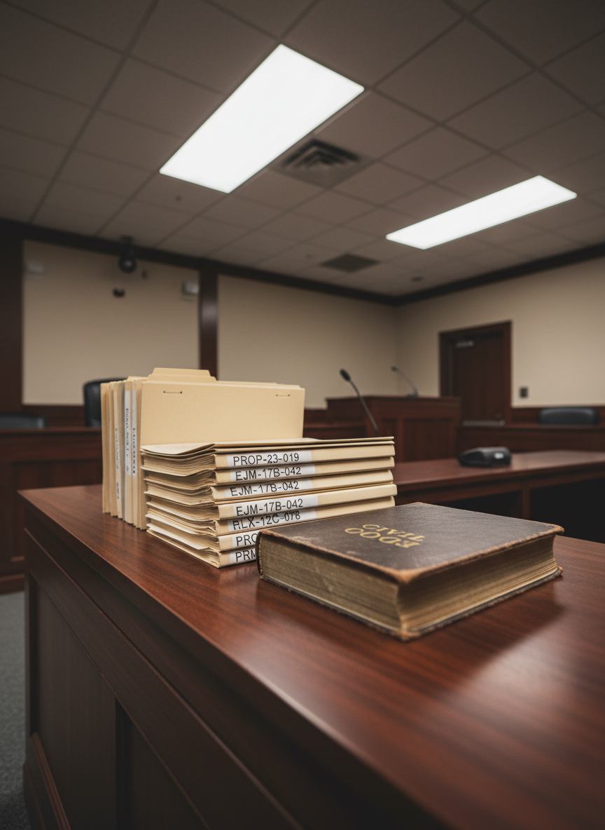 A courtroom bench scene without people, focusing on a robust, dark mahogany judge’s bench and a single, neat stack of real estate case folders labeled with neutral codes relating to property disputes. Beside the folders, a closed, well-worn civil code book rests on the smooth wood. Overhead, diffused, neutral-toned lighting creates an evenly lit, shadow-softened environment, highlighting the textures of the wood grain and paper edges. Photographed from a low, slightly off-center angle to add gravity and importance, with a moderate depth of field keeping all legal elements in crisp focus. The photographic realism and restrained color palette evoke seriousness, formality, and the high stakes of property possession conflicts.