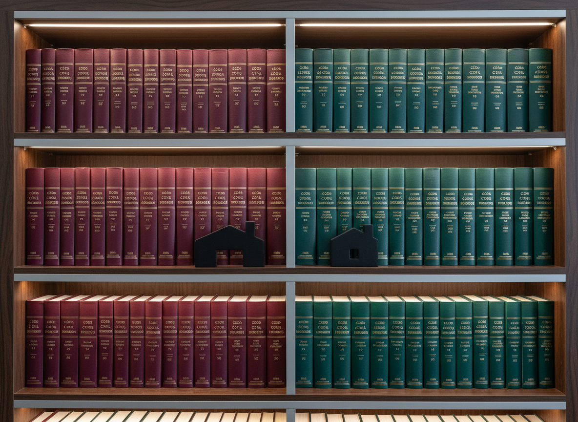 A close-up of a contemporary bookshelf in a professional law office, filled with impeccably aligned volumes of Brazilian civil and real estate law in deep burgundy and dark green covers with gold embossed titles. Between the books, a small, minimalist metal house silhouette decor piece adds a subtle real estate motif. Soft, warm LED strip lighting integrated into the shelving casts a gentle glow, creating refined highlights on the book spines. Photographed straight-on with a moderate depth of field so the foreground books are in crisp focus while the background gently softens. The atmosphere is orderly, reliable, and sophisticated, emphasizing depth of knowledge in direito imobiliário.