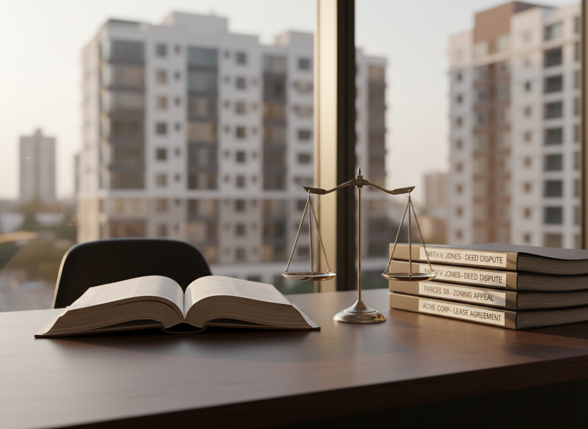 A meticulously organized desk in a modern law office, featuring a dark walnut surface with a subtle matte finish. At the center rests an open, leather-bound property law code with gold-edged pages, beside a polished metal scale of justice and a neat stack of labeled real estate case files. A large window reveals a soft-focus city skyline of apartment buildings. Late afternoon natural light streams in, creating gentle reflections on the desk and soft shadows along the book’s spine. Shot at eye level with a shallow depth of field, in clean, photographic realism, the mood is professional, trustworthy, and calm, conveying expertise in real estate law without visual clutter.