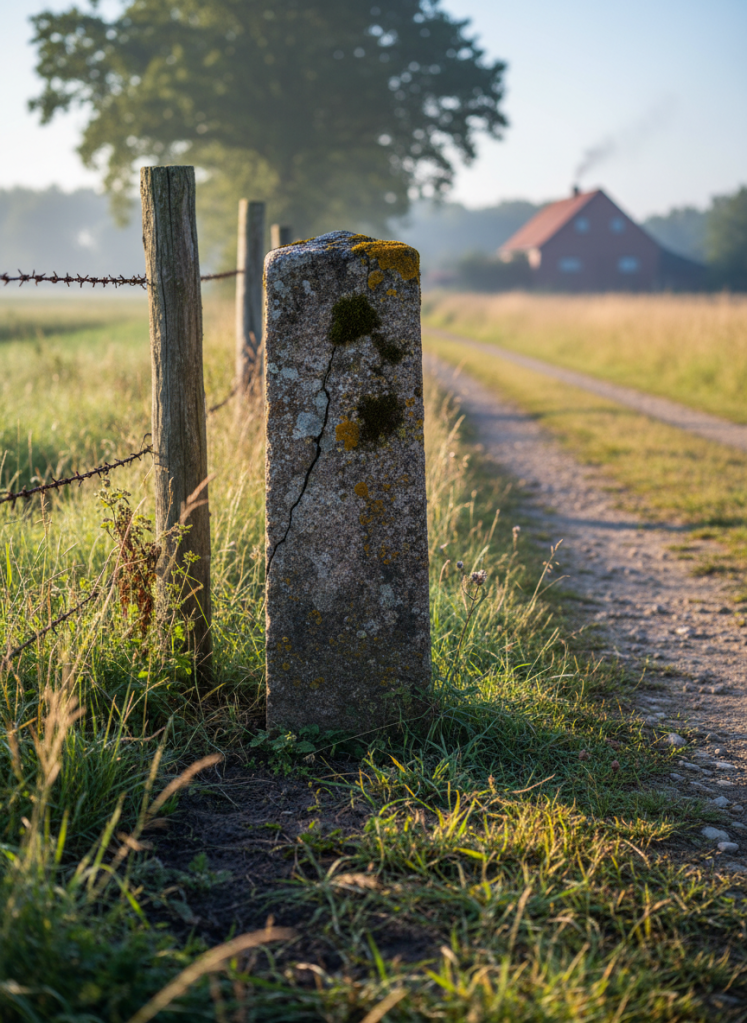 A high-resolution close-up of a rustic property boundary marker: an aged stone pillar partially covered with moss, standing at the edge of a rural plot where a wire fence meets a dirt path. The ground shows a subtle transition between two types of soil and vegetation, symbolizing distinct ownership areas. Early morning natural light filters through unseen trees, casting long, soft shadows and a cool, serene atmosphere. Shot at a low angle with shallow depth of field, the stone marker is sharply focused while the background fields and distant farmhouse fade into a gentle blur. The photographic style is natural yet precise, ideal for illustrating real-world property limits central to usucapião discussions.